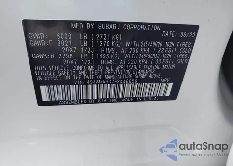 2023 Subaru Ascent Onyx Edition 7-Passenger z USA, uszkodzony, nr VIN 4S4WMAHD7P3446856